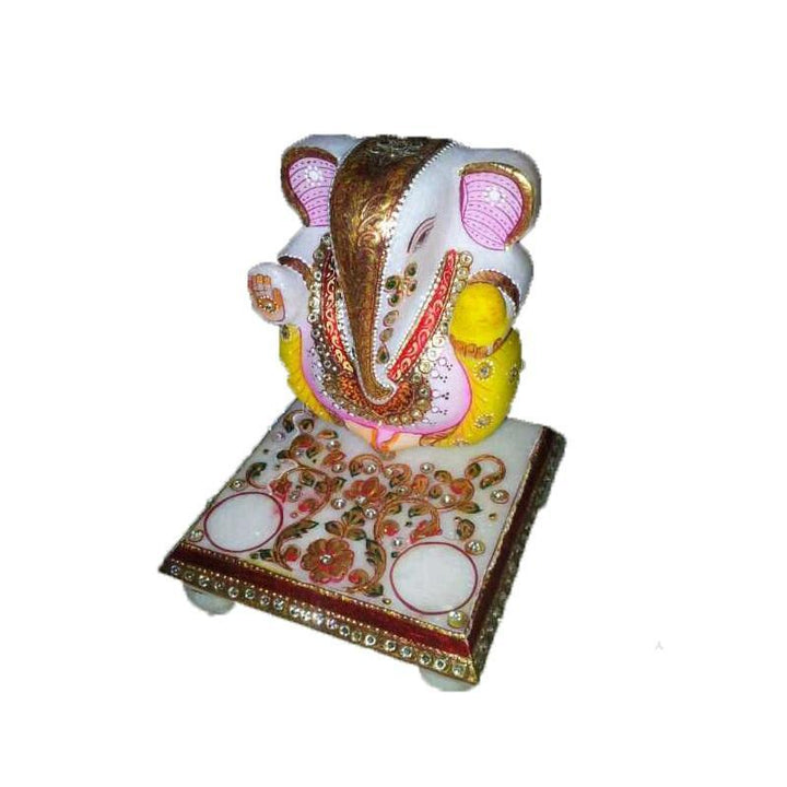 Religious craft titled 'Attractive Lord Ganesha On Chowki', 6x5x5 inches, by artist Ecraft India on Marble