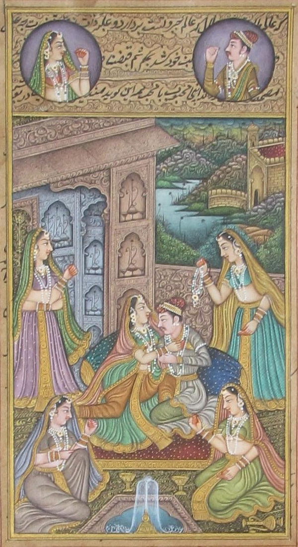 Figurative mughal traditional art titled 'Attractive Mughal Love Scene', 8x6 inches, by artist Unknown on Paper