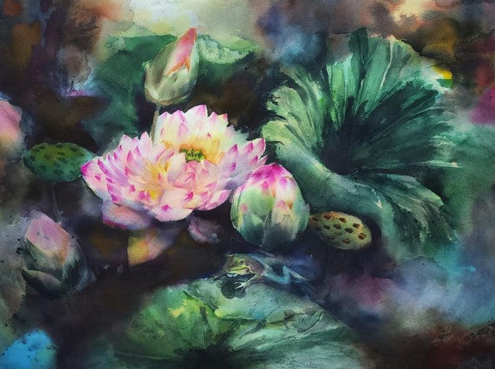 Nature watercolor painting titled 'Auspicious Lotus', 22x30 inches, by artist Puja Kumar on Paper