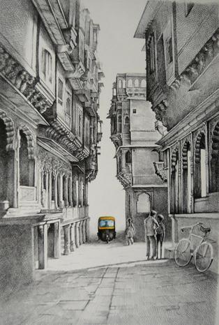 Cityscape mixed media painting titled 'Auto', 18x28 inches, by artist Milind Varangaonkar on Paper