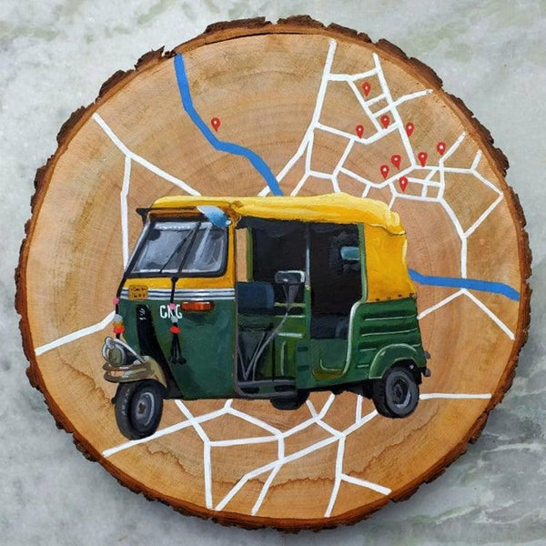 Transportation acrylic painting titled 'Autorickshaw', 10x10 inches, by artist Raju Sarkar on Wood