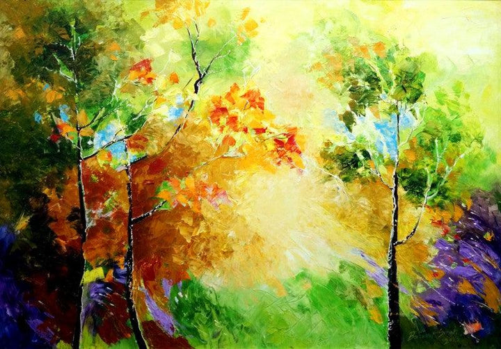 Landscape oil painting titled 'Autumn', 40x30 inches, by artist Bahadur Singh on Canvas