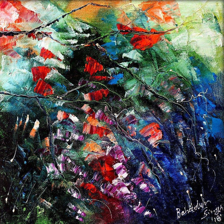 Nature oil painting titled 'Autumn Small 3', 12x12 inches, by artist Bahadur Singh on Canvas