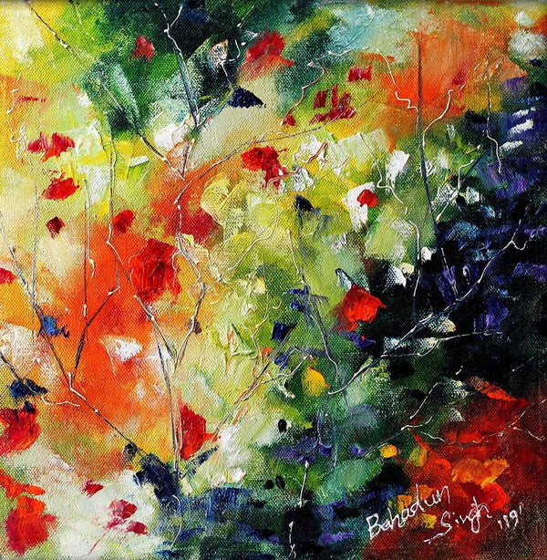 Nature oil painting titled 'Autumn Small 4', 12x12 inches, by artist Bahadur Singh on Canvas