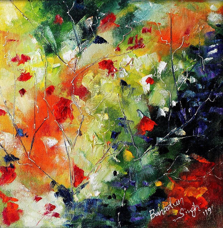 Nature oil painting titled 'Autumn Small 4', 12x12 inches, by artist Bahadur Singh on Canvas