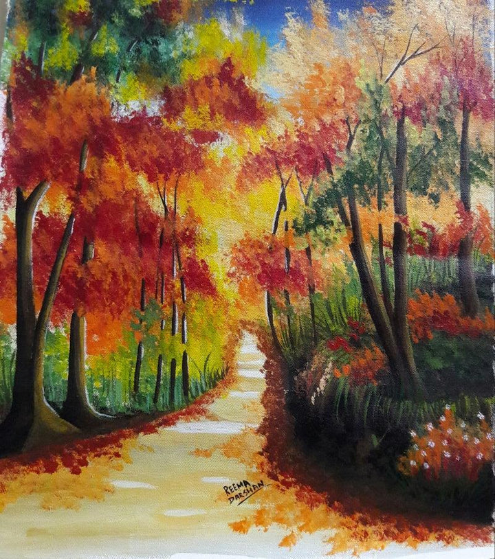 Landscape acrylic painting titled 'Autumn Trees', 19x16 inches, by artist Reema Ravindran on Canvas