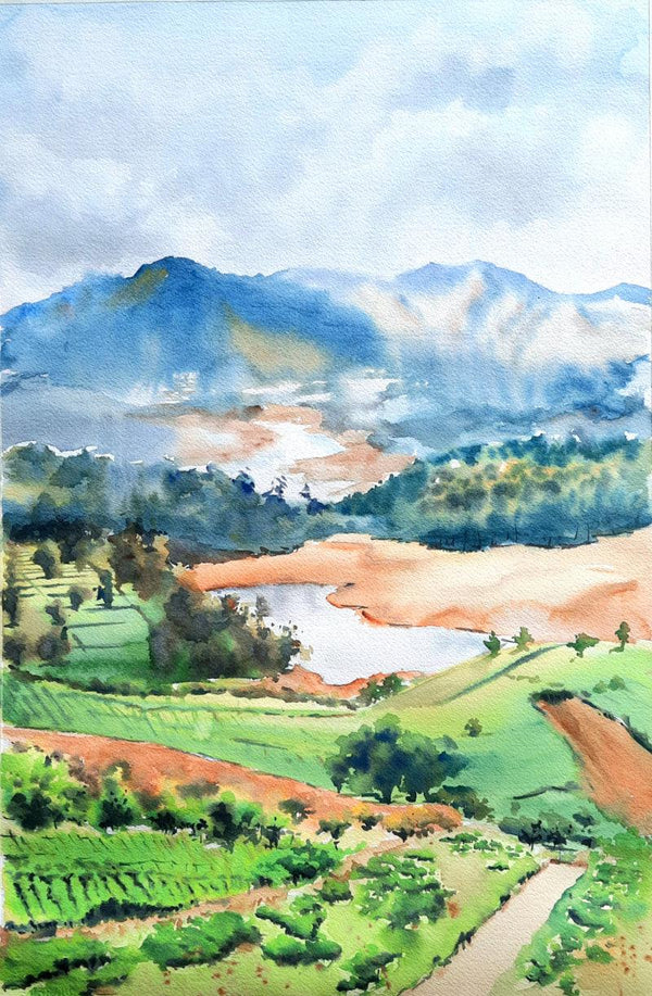 Landscape watercolor painting titled 'Avalanche Lake Ooty', 22x15 inches, by artist Lasya Upadhyaya on Paper