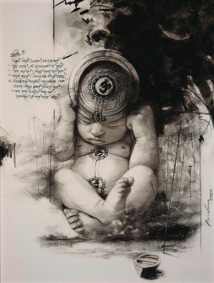 Figurative mixed media drawing titled 'Avatara', 26x20 inches, by artist Arindam Gupta on Canson Paper