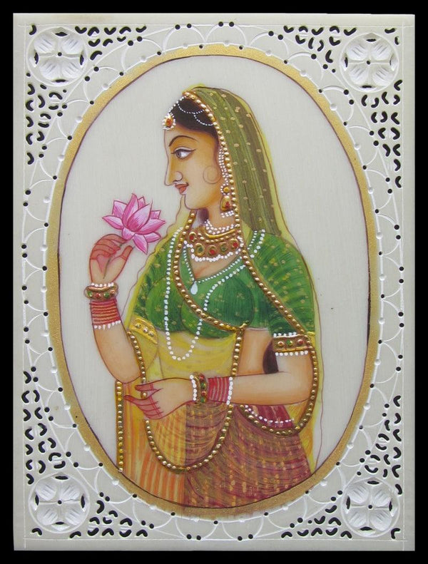 Figurative mughal traditional art titled 'Awaiting Lady ragini', 4x3 inches, by artist Unknown on Plastic Sheet