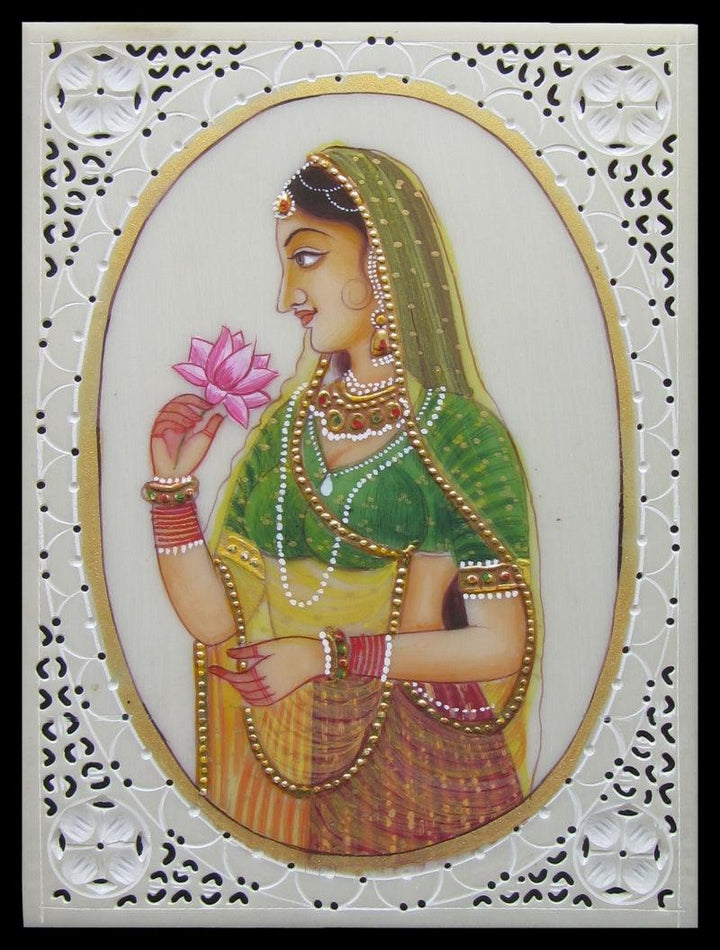 Figurative mughal traditional art titled 'Awaiting Lady ragini', 4x3 inches, by artist Unknown on Plastic Sheet