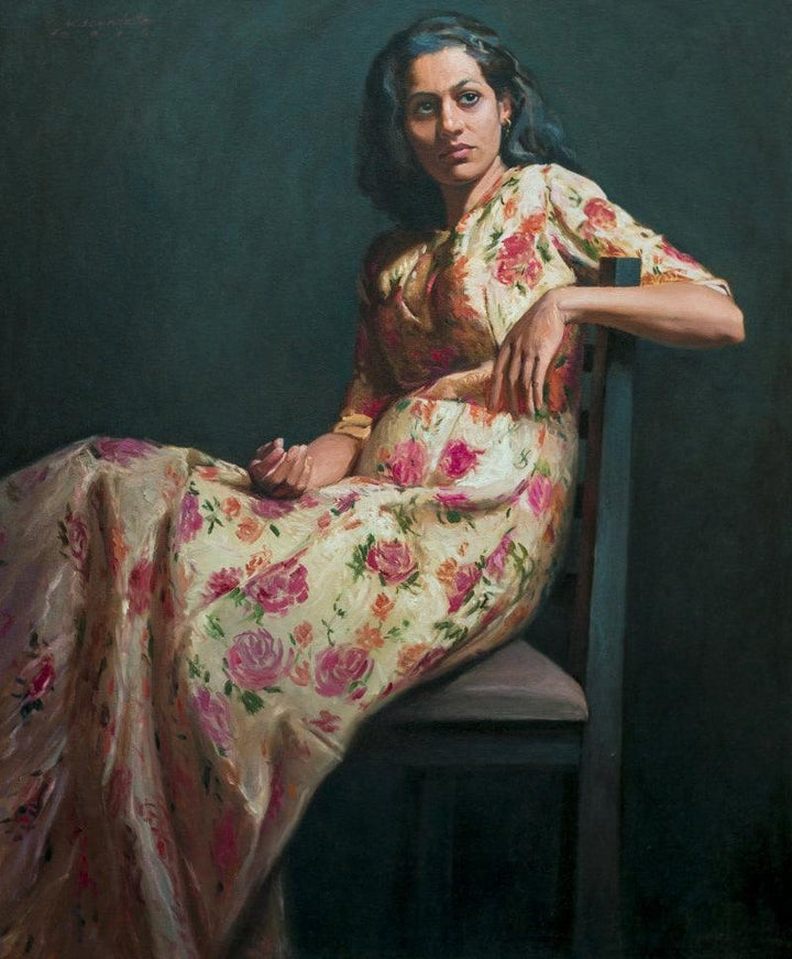 Figurative oil painting titled 'Awaiting You My Love', 34x28 inches, by artist Mahesh Soundatte on Canvas