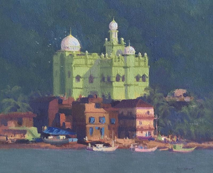 Cityscape oil painting titled 'Azaan', 16x18 inches, by artist Paresh Thukrul on Canvas