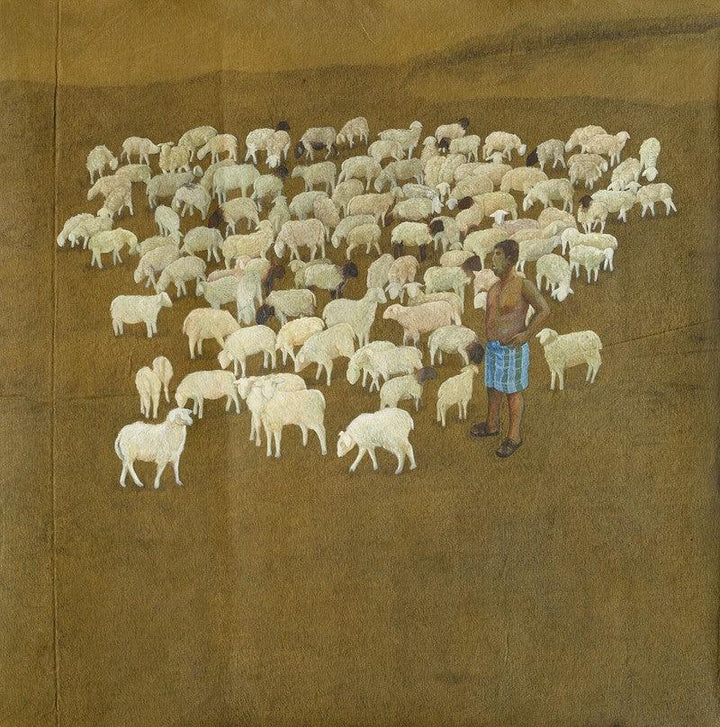 Figurative acrylic charcoal painting titled 'Baa Baa White Sheep', 40x40 inches, by artist Santanu Debnath on Canvas