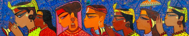 Figurative acrylic painting titled 'Baaraat', 12x60 inch, by artist Vijay Shelar on Canvas