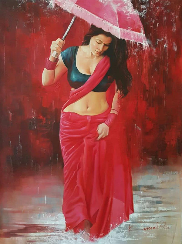 Figurative oil painting titled 'Baarish', 36x48 inches, by artist Kamal Rao on Canvas