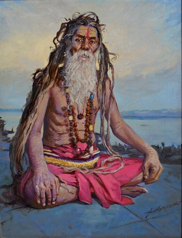 Religious acrylic painting titled 'Baba', 18x14 inches, by artist Sanjay Dorlikar on Canvas