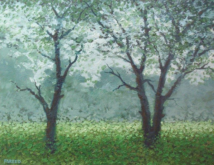 Landscape oil painting titled 'Babool tree', 18x14 inches, by artist Fareed Ahmed on Canvas Board