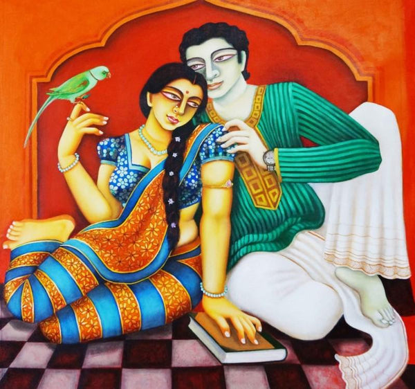 Figurative acrylic painting titled 'Babu And Bibi 3', 36x36 inches, by artist Gautam Mukherjee on Canvas