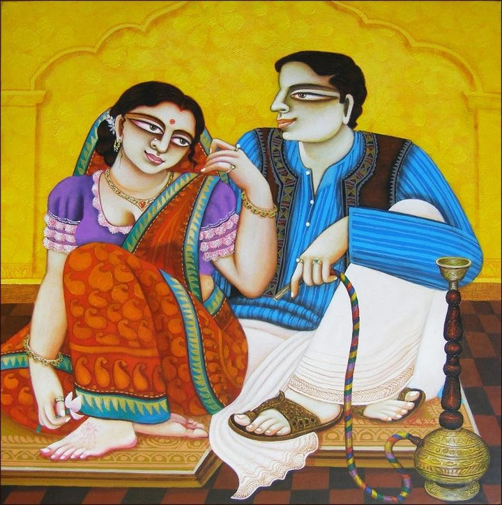 Figurative acrylic painting titled 'Babu and Bibi 4', 24x24 inches, by artist Gautam Mukherjee on Canvas