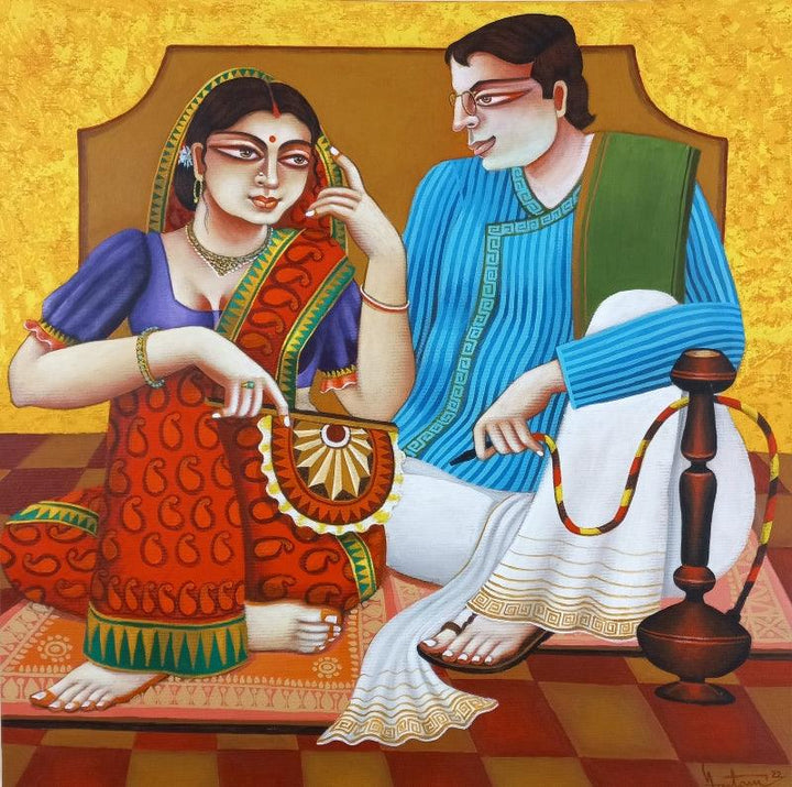 Figurative acrylic painting titled 'Babu And Bibi 6', 24x24 inches, by artist Gautam Mukherjee on Canvas