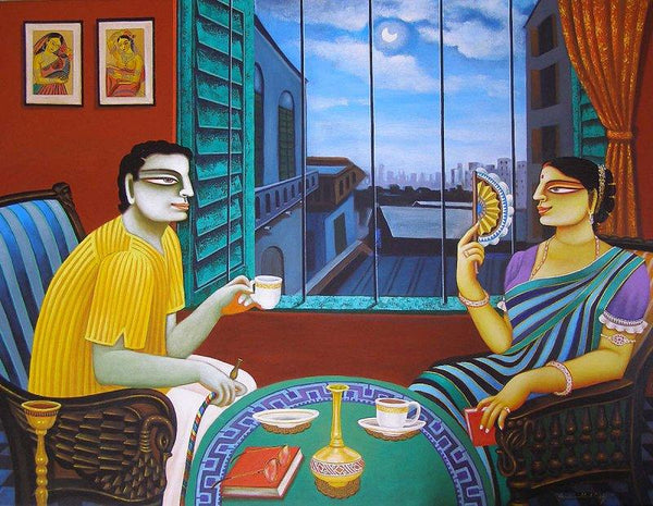 Figurative acrylic painting titled 'Babu and Bibi', 48x36 inches, by artist Gautam Mukherjee on Canvas