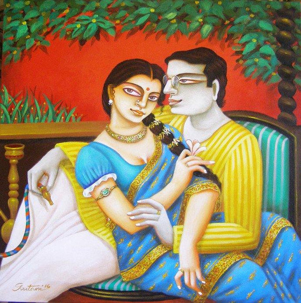 Figurative acrylic painting titled 'Babu and Bibi II', 22x22 inches, by artist Gautam Mukherjee on Canvas