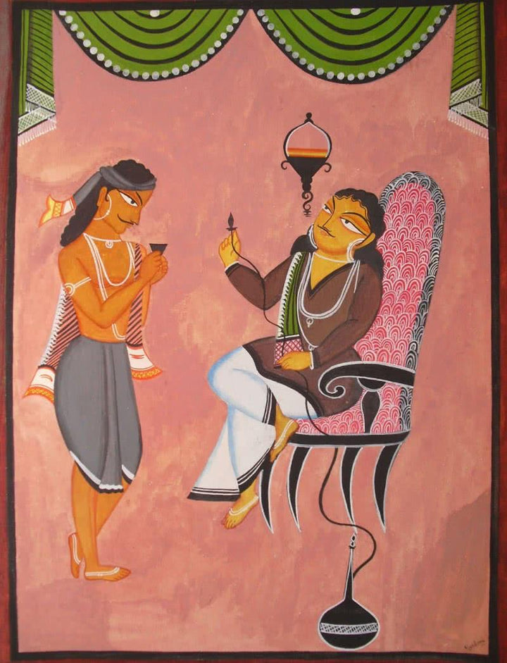 Figurative mixed media painting titled 'Babu And Servant Kalighat Painting', 22x17 inches, by artist Parboni Royghosh on Handmade Paper