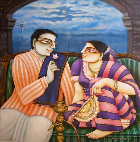 Figurative acrylic painting titled 'Babu Bibi', 30x30 inches, by artist Gautam Mukherjee on Canvas