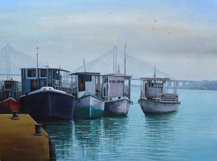 Seascape acrylic painting titled 'Babu Ghat 2', 36x48 inches, by artist Purnendu Mandal on Canvas