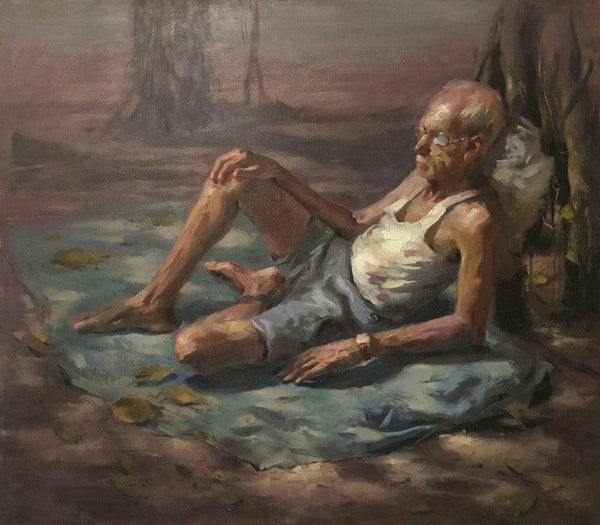 Figurative oil painting titled 'Babubhai', 42x48 inches, by artist Abhijeet Patole on Canvas