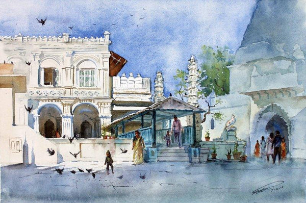 Cityscape watercolor painting titled 'Babulnath temple', 22x15 inches, by artist Swapnil Mhapankar on Handmade Paper