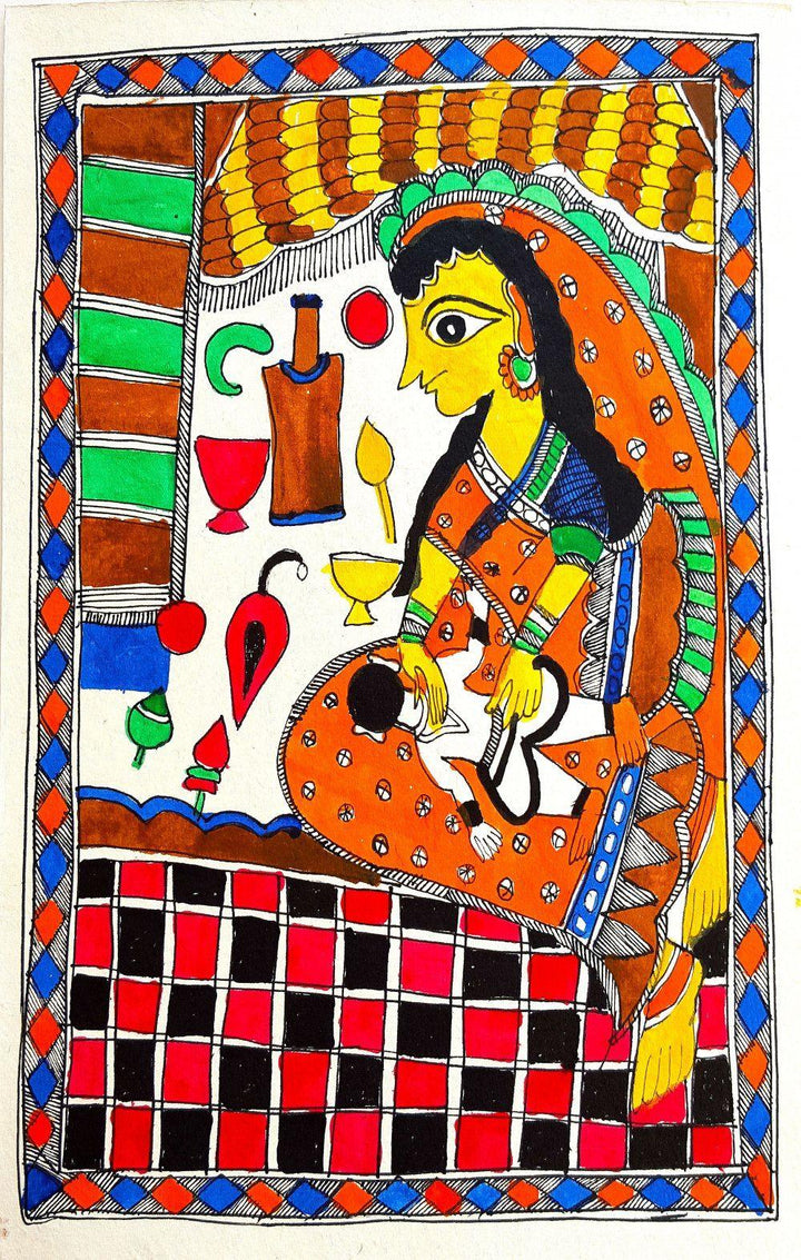 Folk Art madhubani traditional art titled 'Baby Massage', 15x11 inches, by artist Heera Devi on Handmade Paper