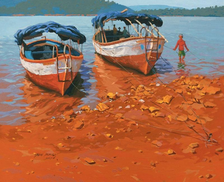 Landscape acrylic painting titled 'Back To Boats At Bamnoli', 24x30 inches, by artist Abhijit Jadhav on Canvas