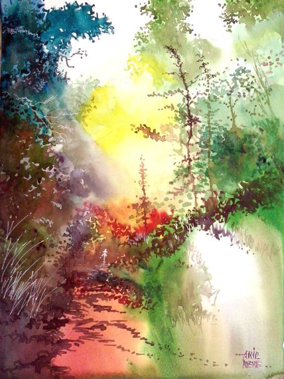 Landscape watercolor painting titled 'Back To Jungle', 11x17 inches, by artist Anil Nene on Paper