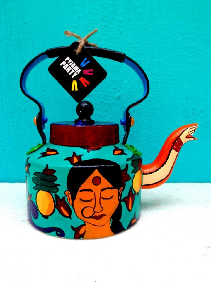 Lifestyle craft titled 'Back to the Basics Limited Edition hand painted kettle', 9x9x7 inches, by artist Rithika Kumar on Aluminium