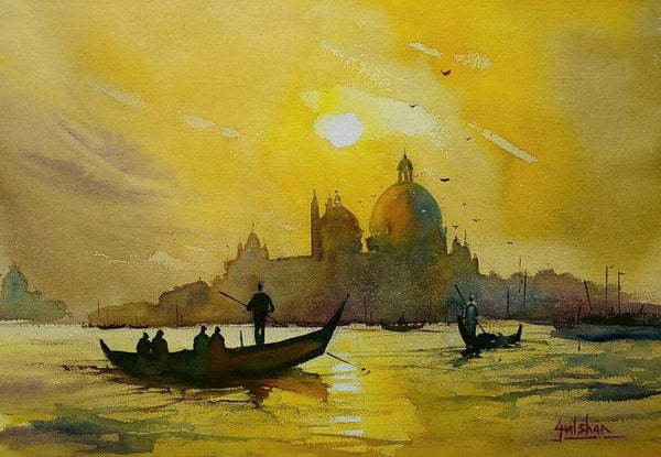 Seascape watercolor painting titled 'Backlight Beauty', 18x13 inches, by artist Gulshan Achari on Paper