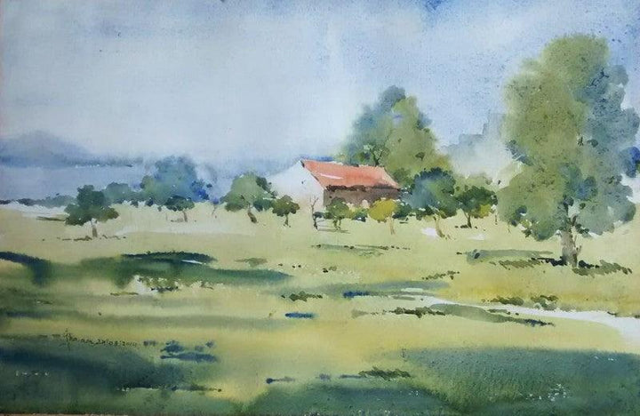 Landscape watercolor painting titled 'Backside of Mihan', 12x18 inches, by artist Ghanshyam Dongarwar on cold pressed