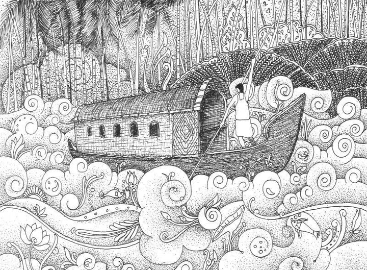 Figurative pen drawing titled 'Backwater', 11x8 inches, by artist Sanooj KJ on Paper