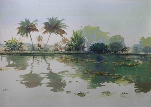 Nature watercolor painting titled 'Backwaters', 11x16 inches, by artist Bijay Biswaal on Paper