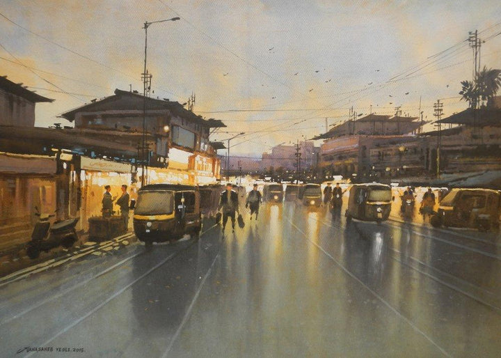 Cityscape watercolor painting titled 'Badlapur Night', 22x34 inches, by artist NanaSaheb Yeole on Paper