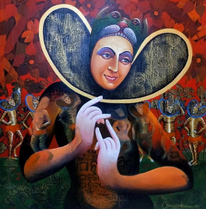 Religious acrylic painting titled 'Bagha Nacha 2', 24x24 inches, by artist Kanha Behera on Canvas