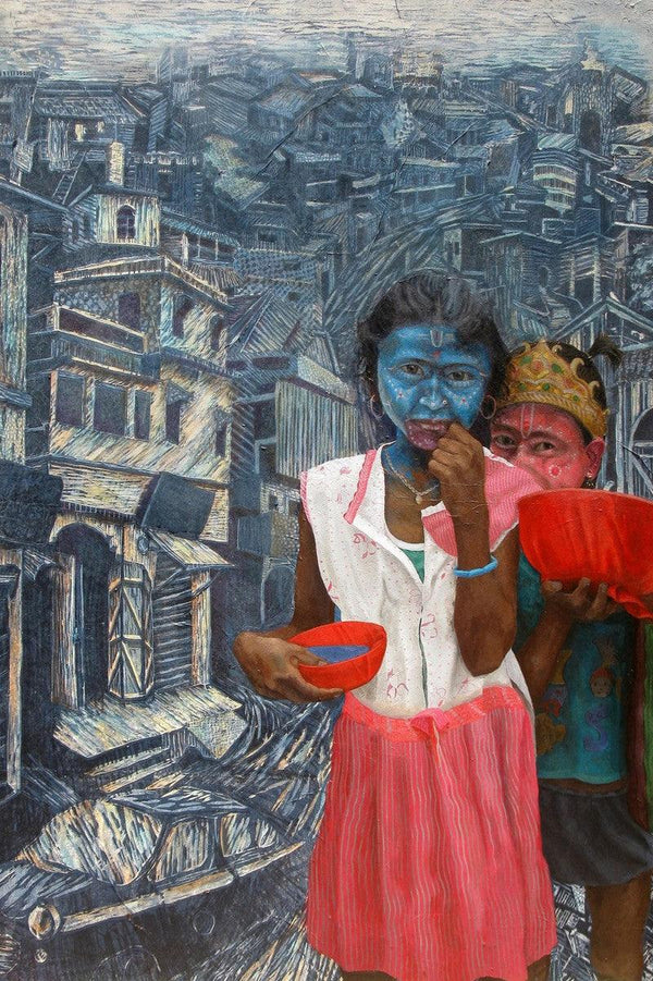 contemporary mixed media painting titled 'Bahurupi 2', 68x48 inches, by artist Biswajit Roy on Canvas