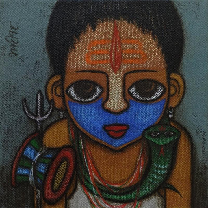 Religious acrylic painting titled 'Bahurupiya 2', 6x6 inches, by artist Hitendra Singh Bhati on Canvas