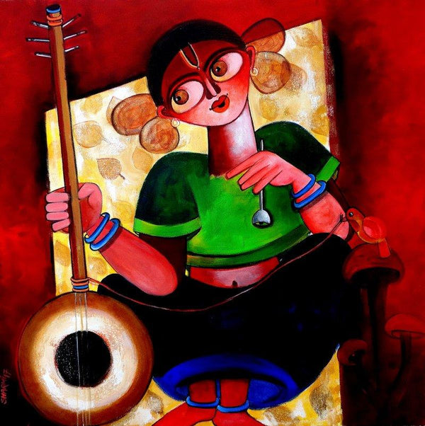 Figurative acrylic painting titled 'Baishnabi', 24x24 inches, by artist Sharmi Dey on Canvas