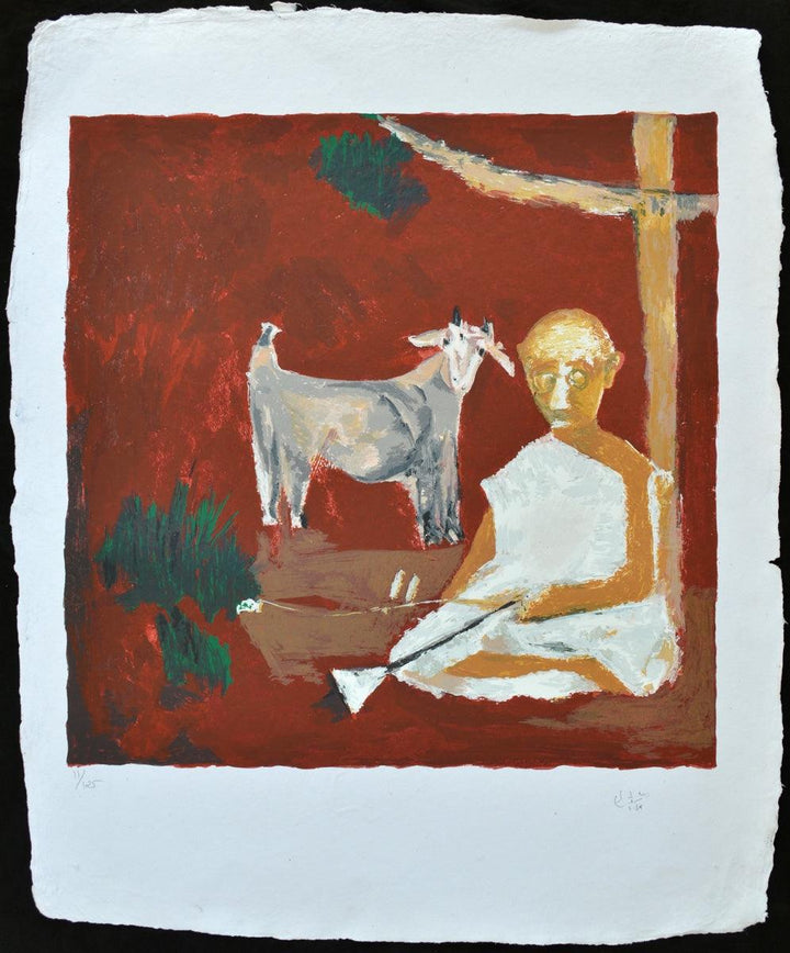 Figurative serigraphs painting titled 'Bakri', 34x28 inches, by artist Haku Shah on Paper