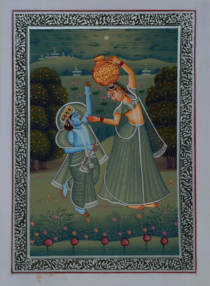 Religious miniature traditional art titled 'Bal Krishna Teasing Gopi For Makhan', 8x6 inches, by artist Unknown on Silk