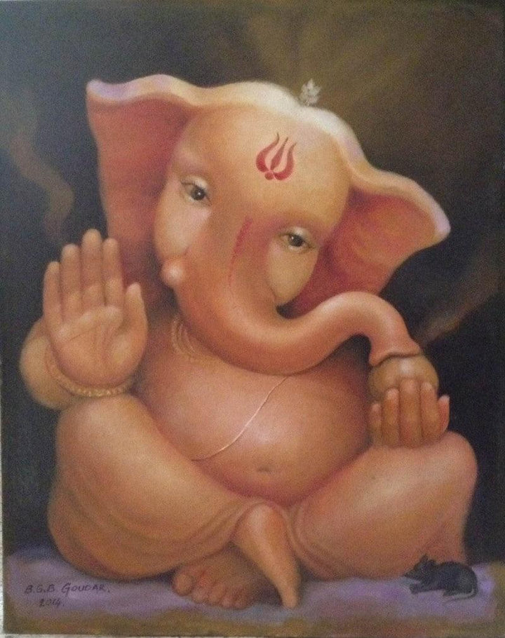 Religious oil painting titled 'Bala Ganesh', 20x16 inches, by artist B S B Goudar on Canvas Board