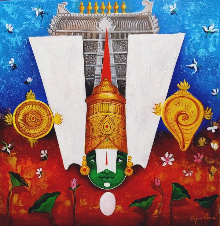 Religious acrylic painting titled 'Bala Jee', 30x30 inches, by artist Arjun Das on Canvas