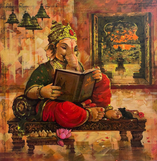 Religious acrylic painting titled 'Balaganapati', 30x30 inch, by artist Sandeep Chhatraband on Canvas