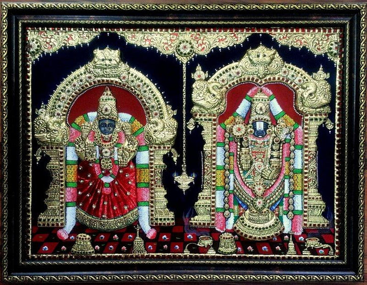 Religious tanjore traditional art titled 'Balaji and Padmavathi Tanjore Paintig', 16x20 inches, by artist VANI VIJAY on Plywood